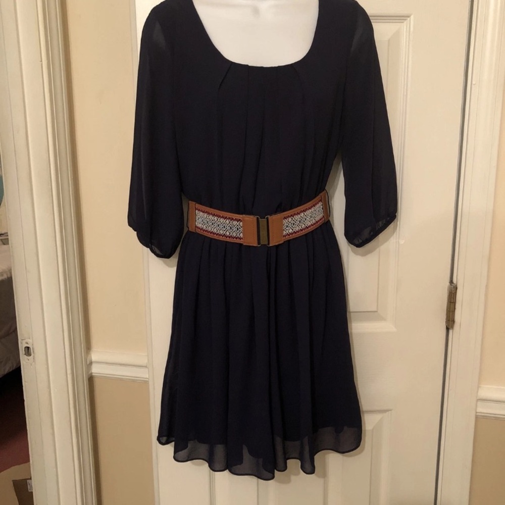 by & by Navy Dress with Brown Belt